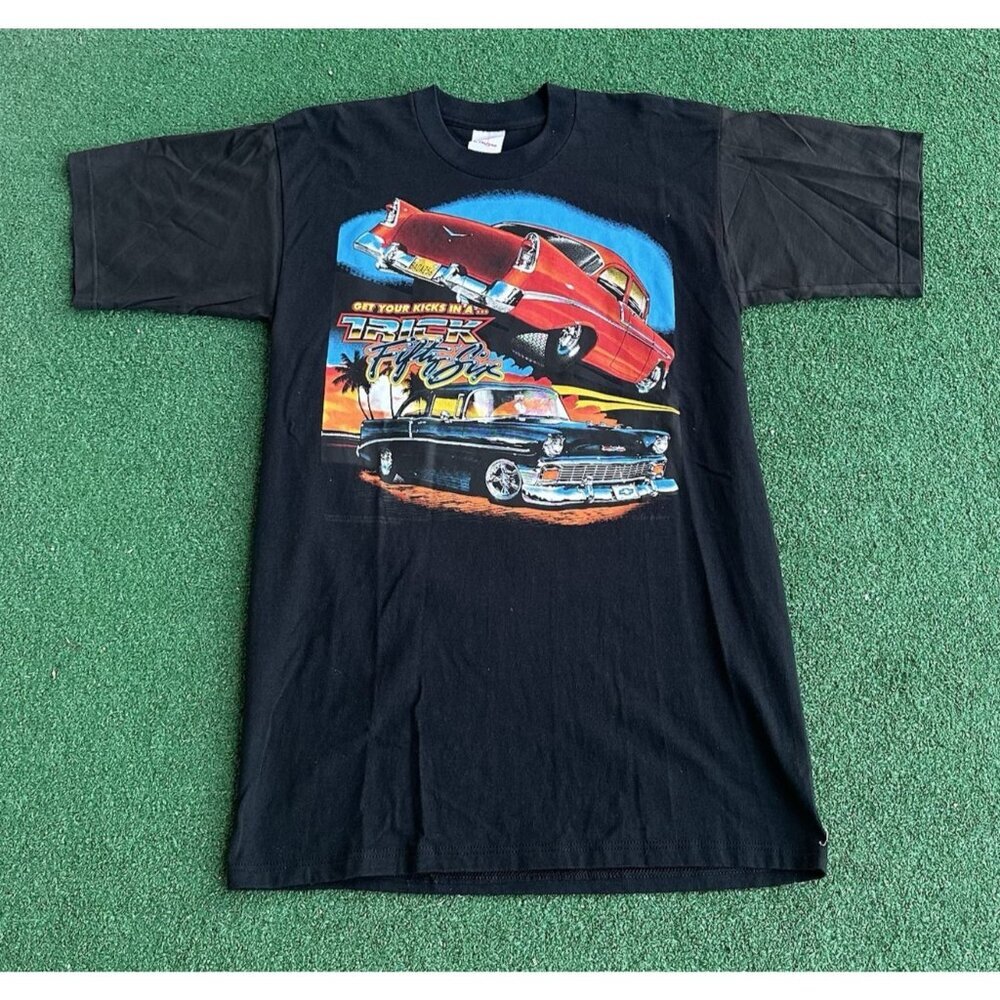 Vtg Airways Chevrolet Mens L Black Tee Get Your Kicks In A Trick Fifty Six - Picture 2 of 9